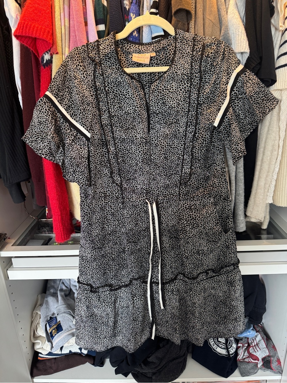 Women's Black & White Printed Mini Dress with Drawstring Waist